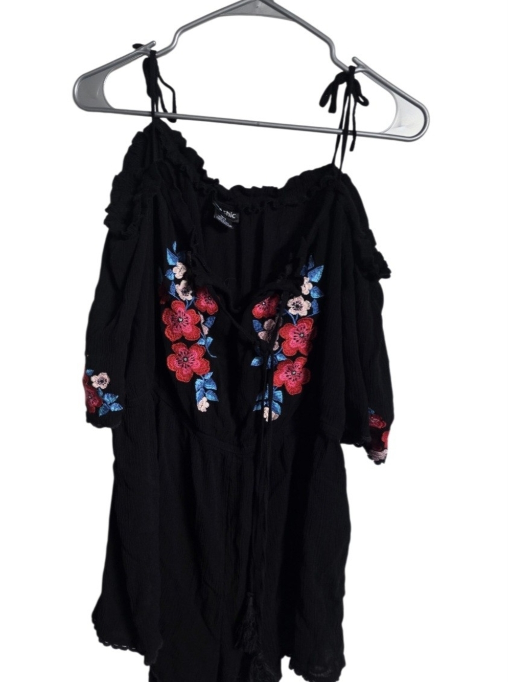 City Chic Black Off-Shoulder Bodysuit with Pink & Blue Floral Embroidery